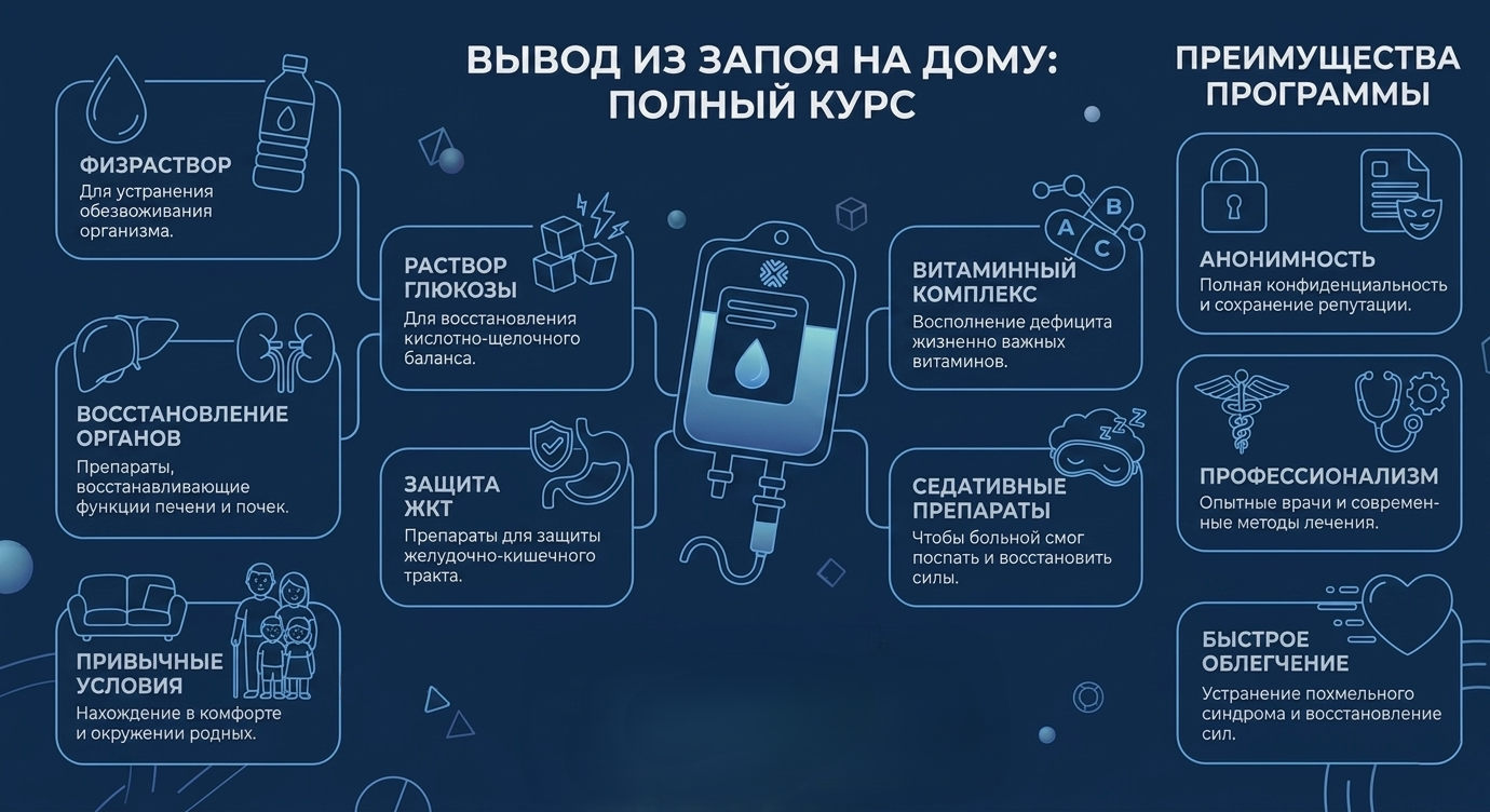 Схема препаратов и преимуществ программы капельница от запоя на дому: анонимность, профессионализм и быстрое облегчение.